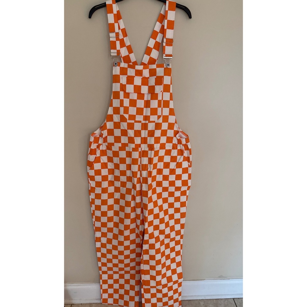 Orange White Checkered Bib Overalls Mens XL Streetwear Dungarees Game Day